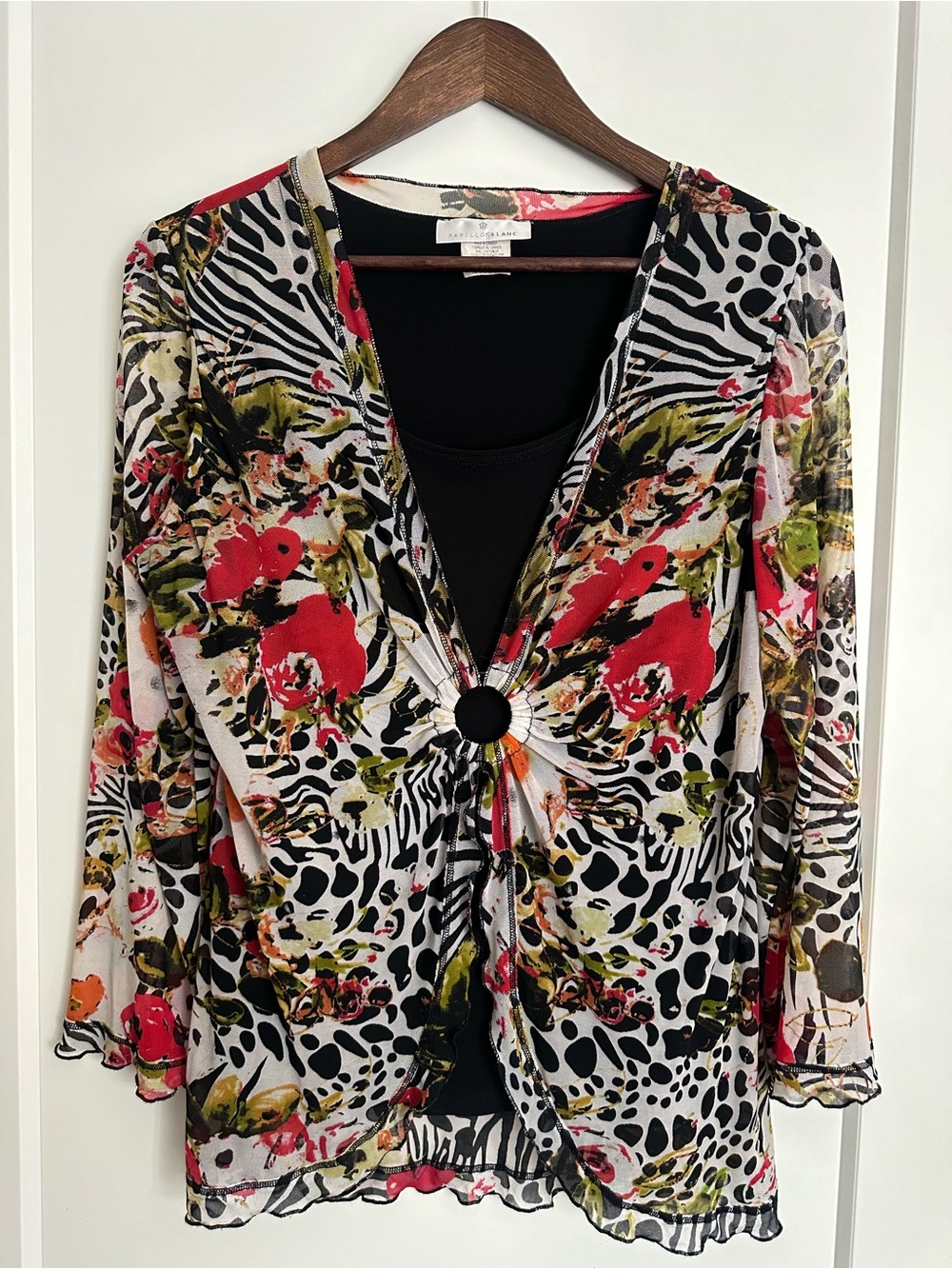 Vintage Papillon Blanc Multicolored Floral Zebra Print Mesh Long Sleeve Top